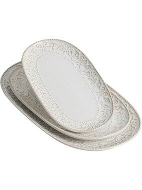 Elegant Oval Ceramic Serving Platters Set - 14"/12"/10" Vintage White Trays for